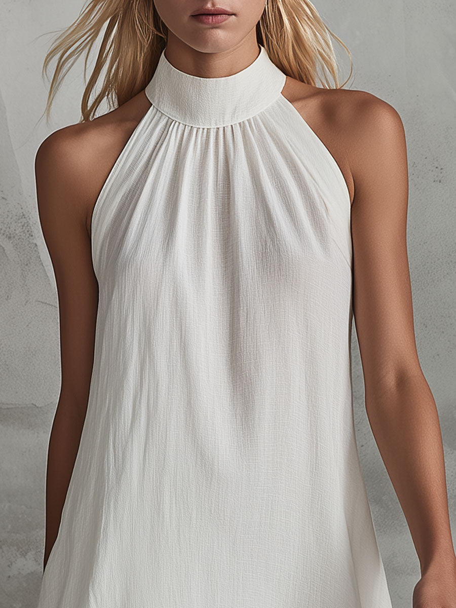 Duttini | Retro-Elegant White Sleeveless Ruffled Cotton-Linen Dress