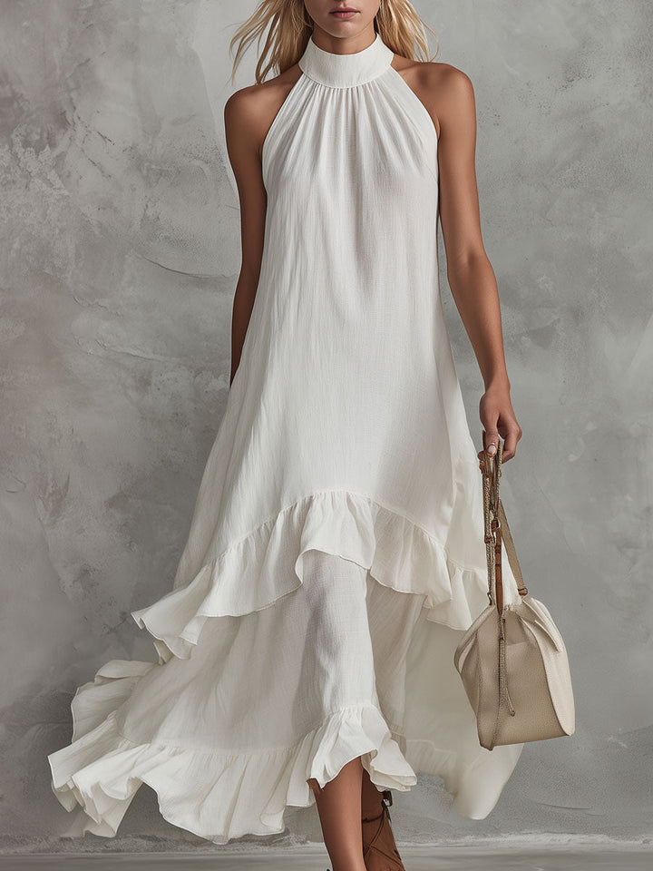 Duttini | Retro-Elegant White Sleeveless Ruffled Cotton-Linen Dress