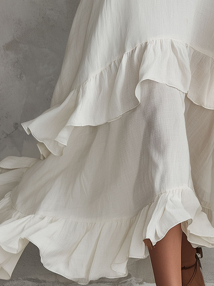Duttini | Retro-Elegant White Sleeveless Ruffled Cotton-Linen Dress