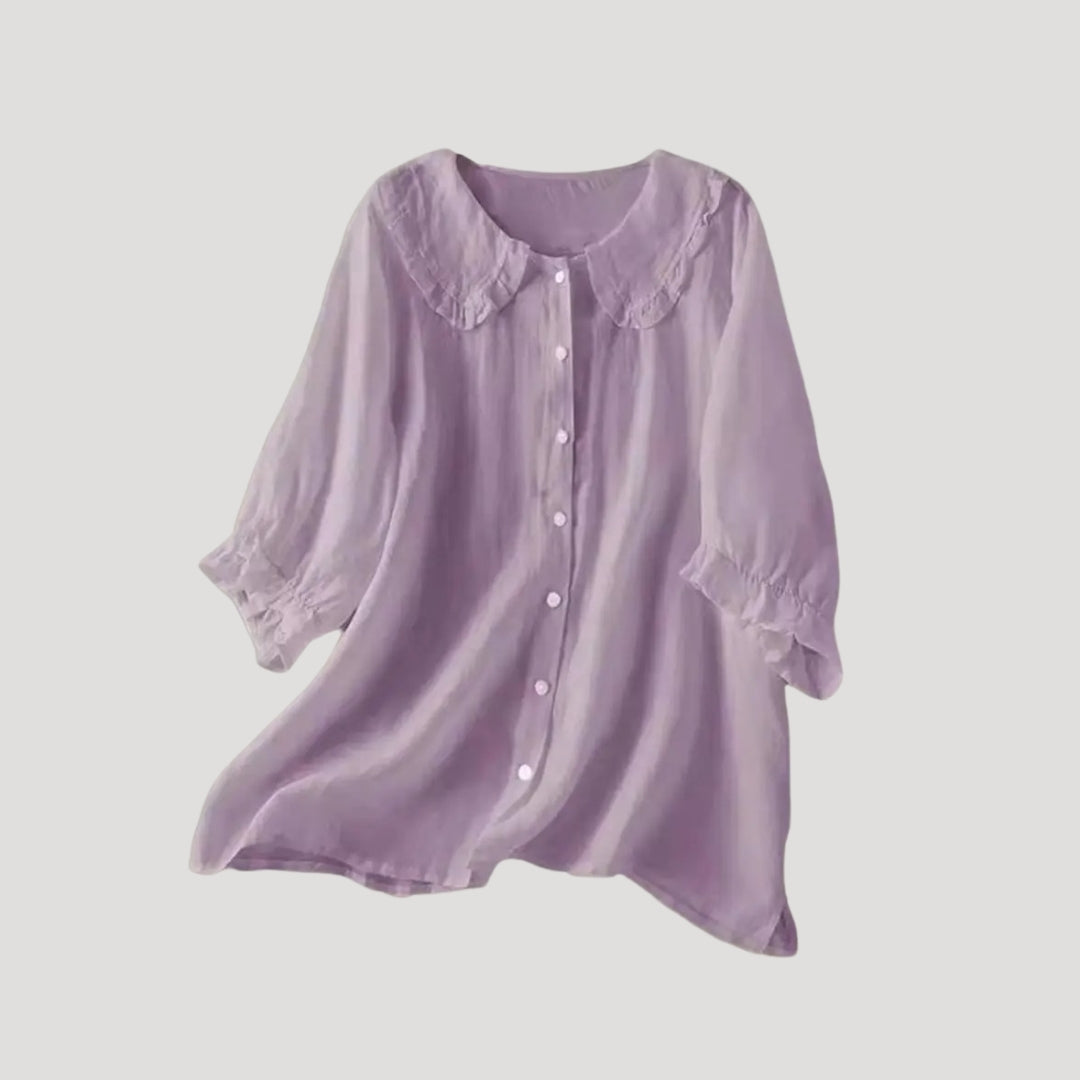 Duttini | Linen Blend Blouse Long Sleeve Ruffle Collar Top