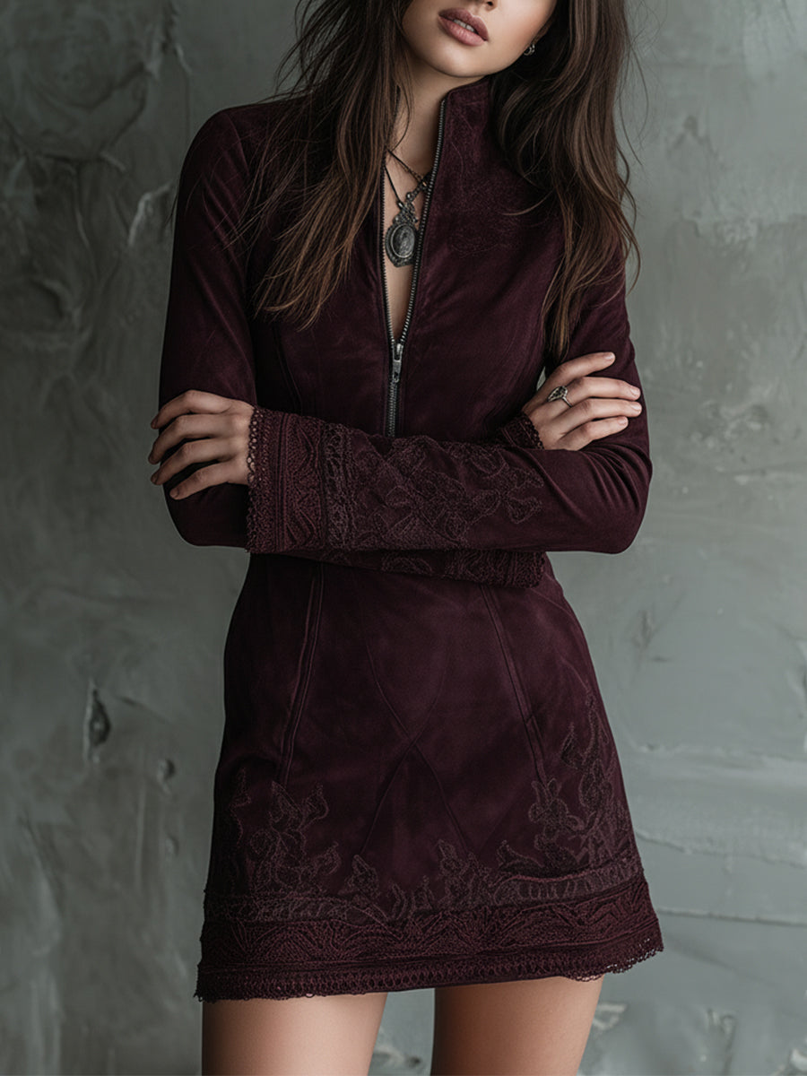 Duttini | Vintage Suede Embroidered Lace Trim Dress