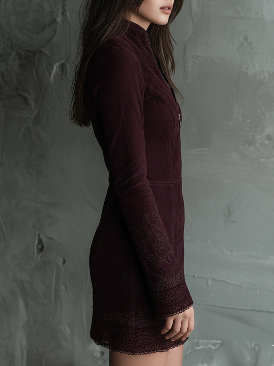 Duttini | Vintage Suede Embroidered Lace Trim Dress