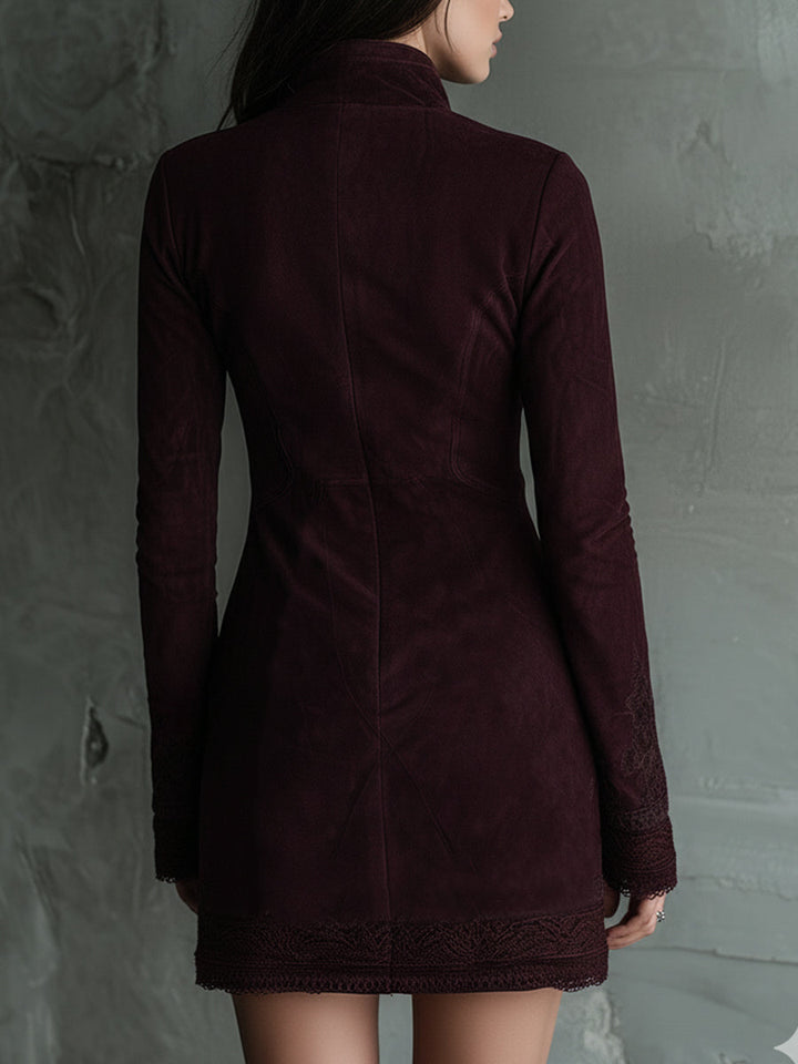 Duttini | Vintage Suede Embroidered Lace Trim Dress