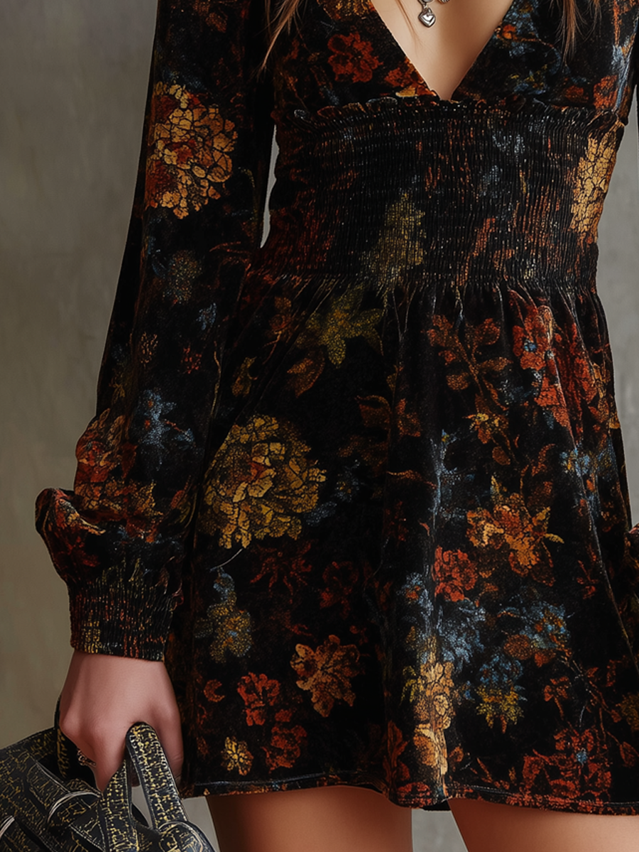 Duttini | Retro Floral Print Pleated Waist Dress