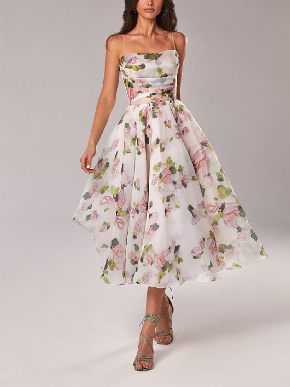 Duttini | Romantic Floral Spaghetti Strap A-Line Midi Dress