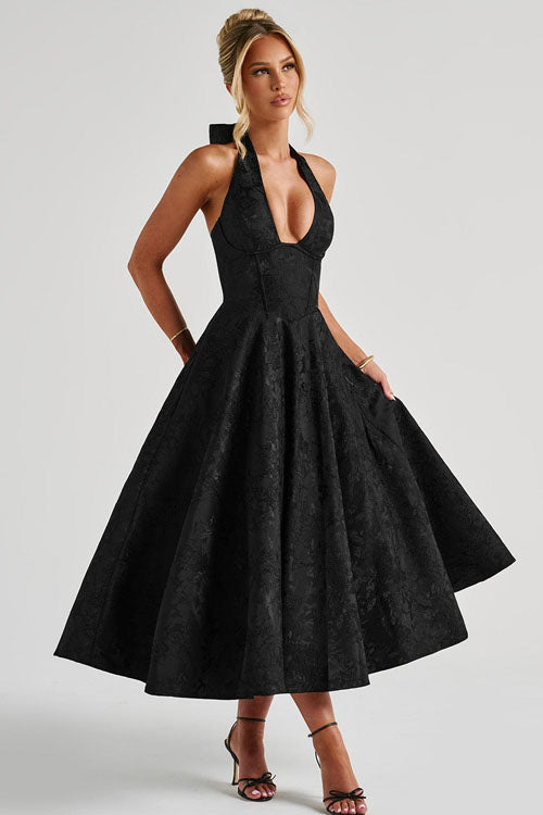 Duttini | Effortless V-Neck Halterneck Sleeveless Jacquard Maxi Dress