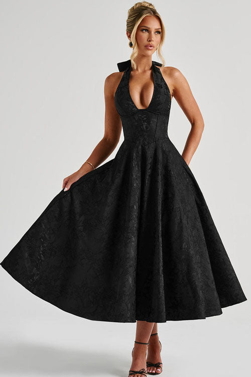 Duttini | Effortless V-Neck Halterneck Sleeveless Jacquard Maxi Dress
