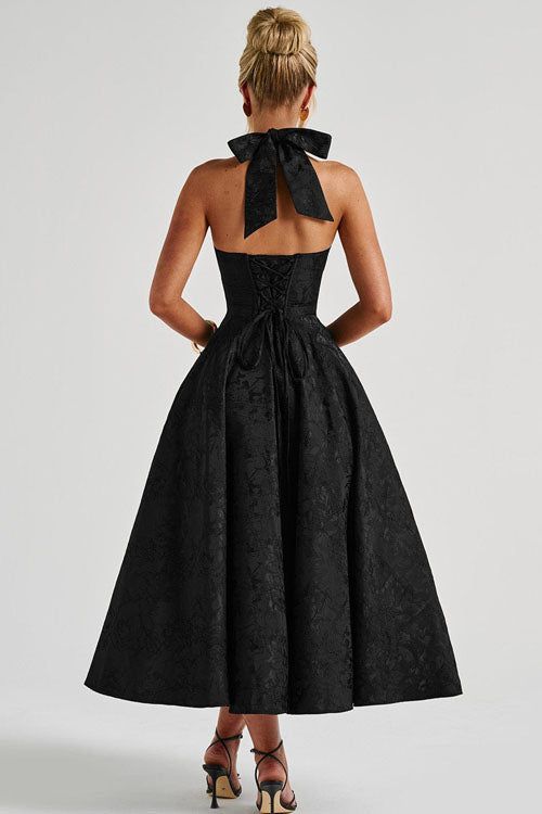 Duttini | Effortless V-Neck Halterneck Sleeveless Jacquard Maxi Dress