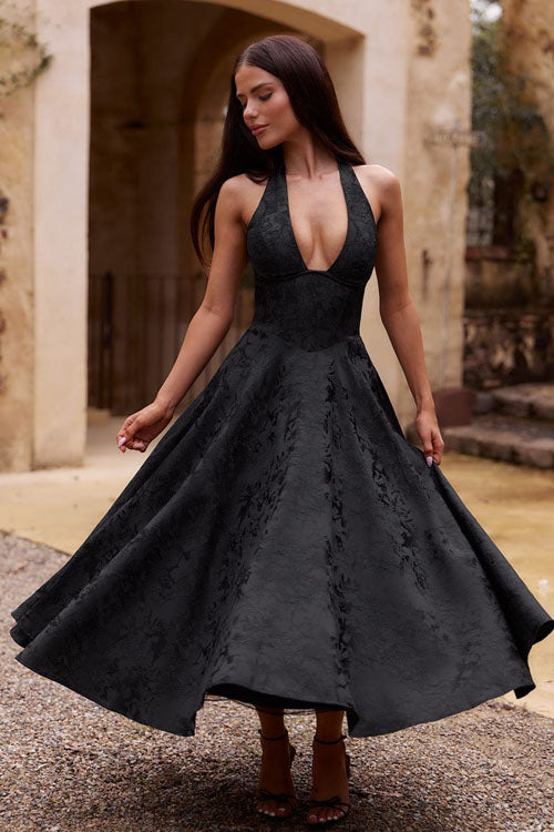 Duttini | Effortless V-Neck Halterneck Sleeveless Jacquard Maxi Dress