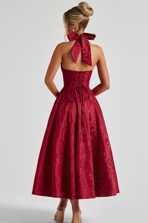 Duttini | Effortless V-Neck Halterneck Sleeveless Jacquard Maxi Dress