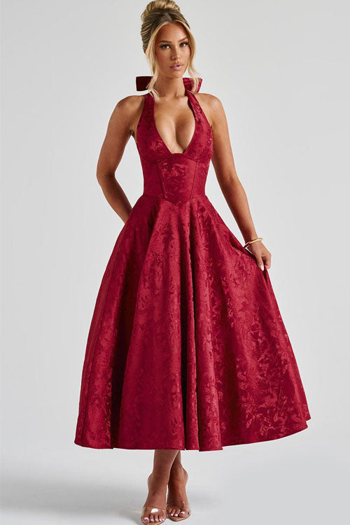 Duttini | Effortless V-Neck Halterneck Sleeveless Jacquard Maxi Dress