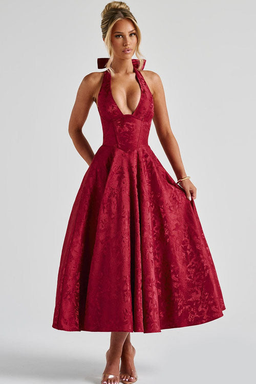Duttini | Effortless V-Neck Halterneck Sleeveless Jacquard Maxi Dress
