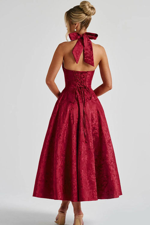 Duttini | Effortless V-Neck Halterneck Sleeveless Jacquard Maxi Dress
