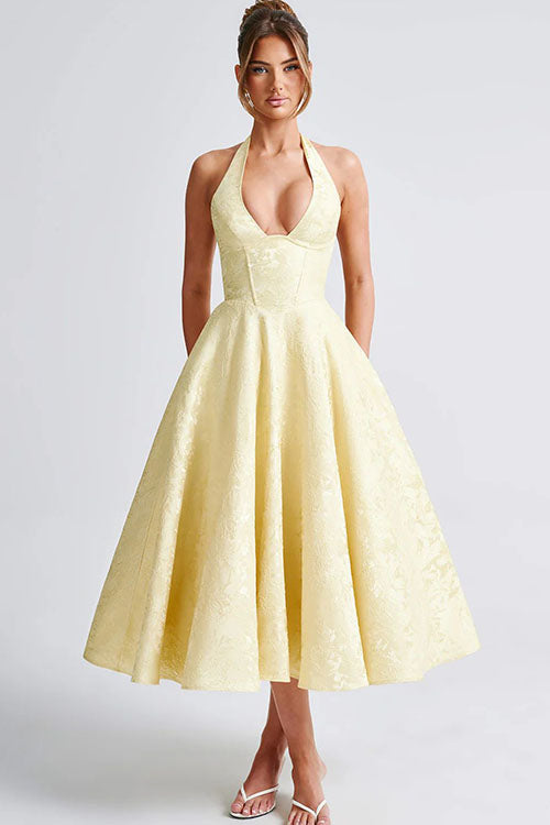 Duttini | Effortless V-Neck Halterneck Sleeveless Jacquard Maxi Dress