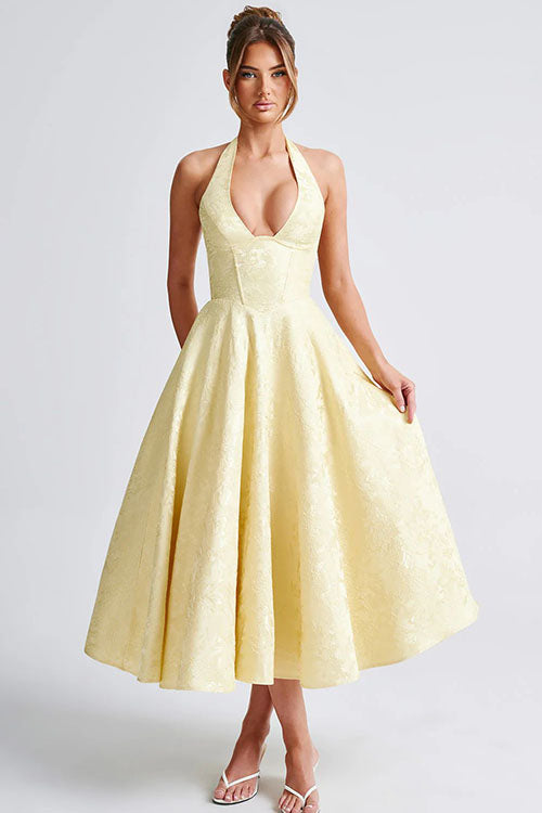 Duttini | Effortless V-Neck Halterneck Sleeveless Jacquard Maxi Dress
