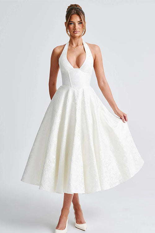 Duttini | Effortless V-Neck Halterneck Sleeveless Jacquard Maxi Dress