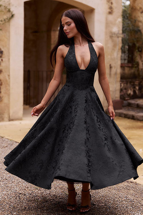Duttini | Effortless V-Neck Halterneck Sleeveless Jacquard Maxi Dress