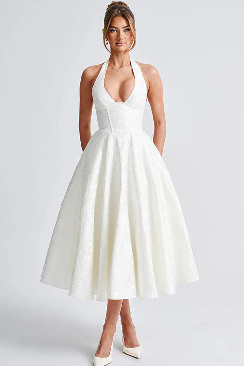 Duttini | Effortless V-Neck Halterneck Sleeveless Jacquard Maxi Dress