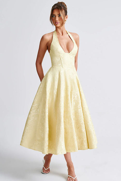 Duttini | Effortless V-Neck Halterneck Sleeveless Jacquard Maxi Dress