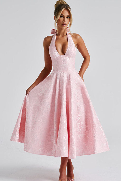 Duttini | Effortless V-Neck Halterneck Sleeveless Jacquard Maxi Dress