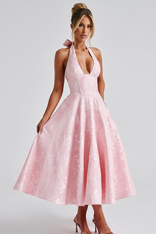 Duttini | Effortless V-Neck Halterneck Sleeveless Jacquard Maxi Dress