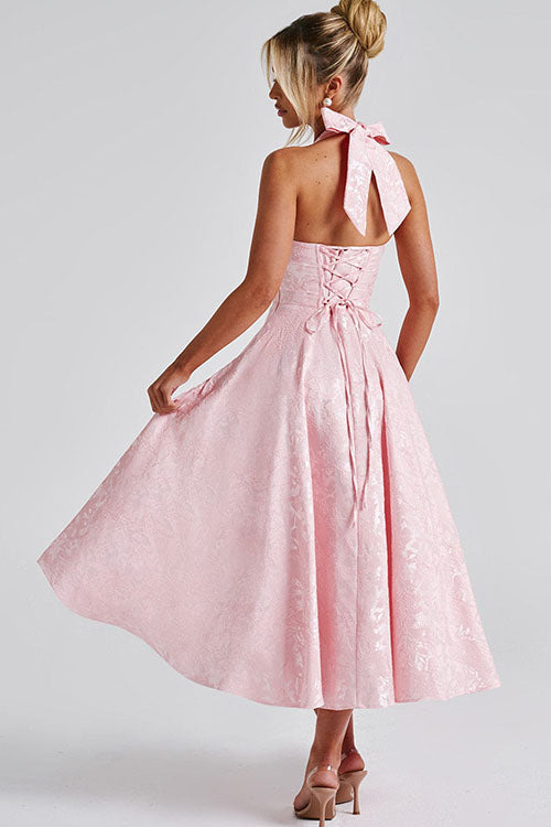 Duttini | Effortless V-Neck Halterneck Sleeveless Jacquard Maxi Dress