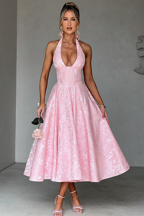 Duttini | Effortless V-Neck Halterneck Sleeveless Jacquard Maxi Dress