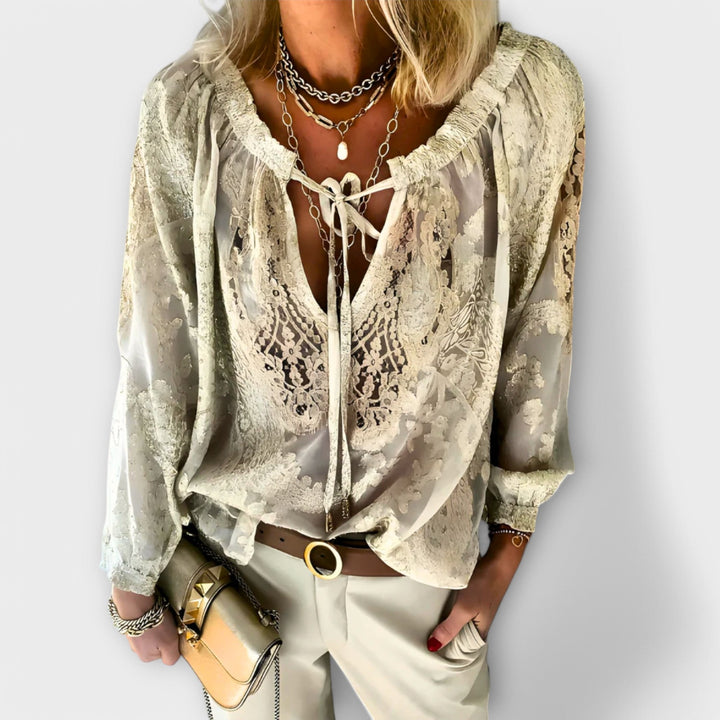 Duttini | Feminine Lace V-Neck Blouse Long Sleeve Boho Top
