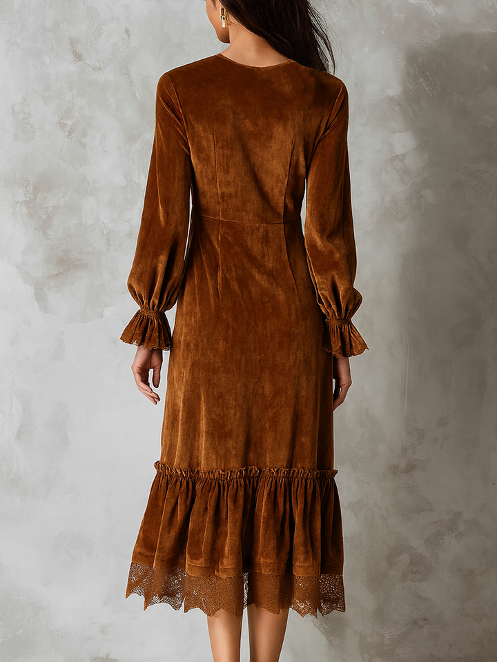 Duttini | Retro Ruffle Neck Lace Trim Dress