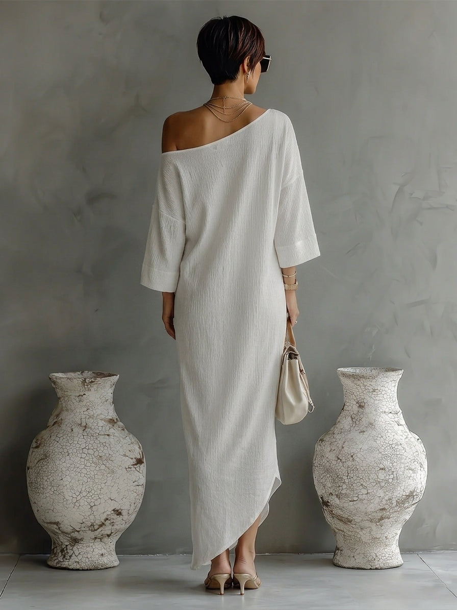 Duttini | Ivory White Cotton-Linen Blend Dress