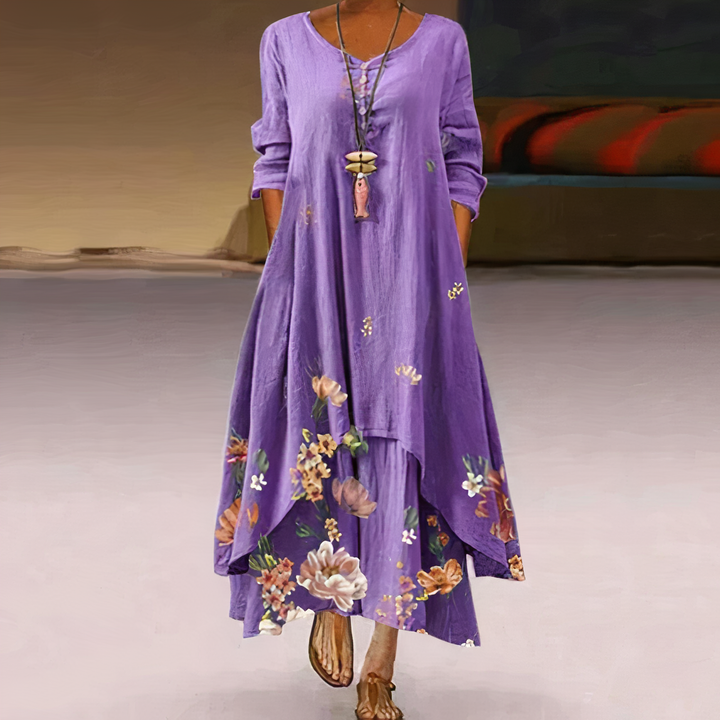 Duttini | Feminine Floral Print Long Sleeve Loose Maxi Dress