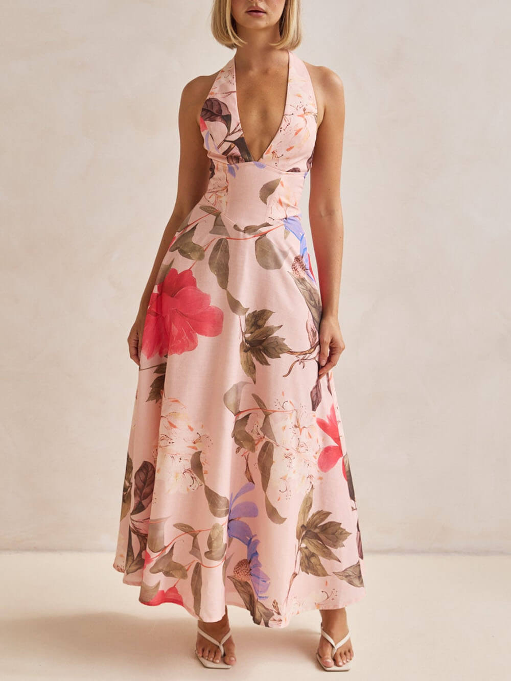 Duttini | Floral Print Halter Backless Tie-Up Dress
