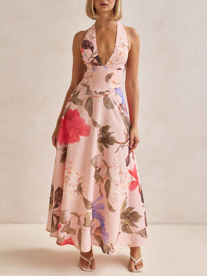 Duttini | Floral Print Halter Backless Tie-Up Dress