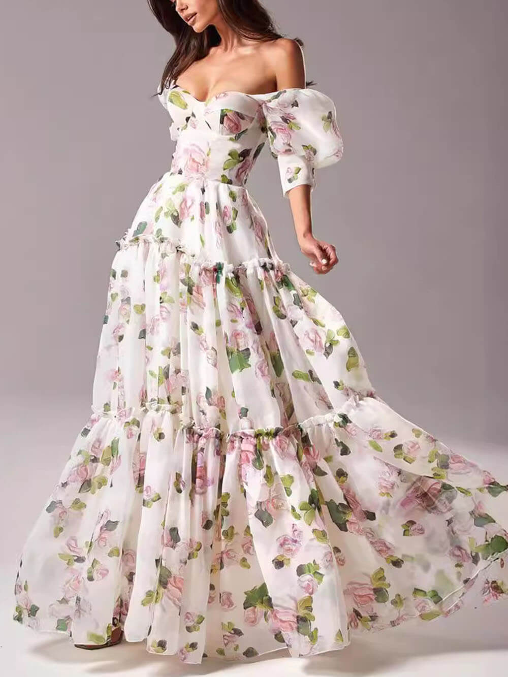 Duttini | Elegant Off-Shoulder Printed Organza Evening Gown