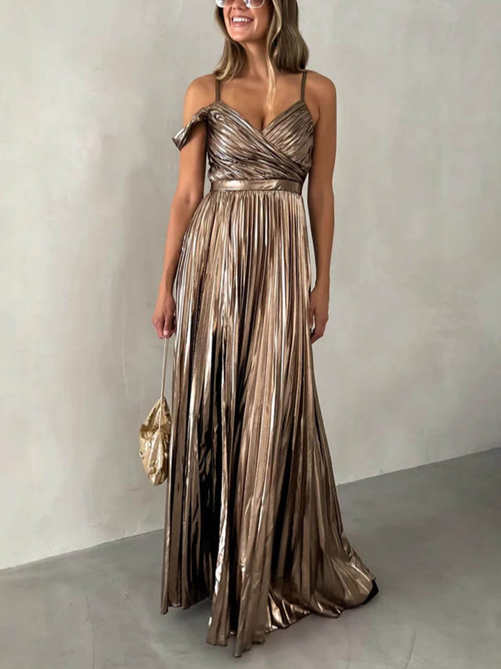 Duttini | Elegant V-Neck Backless Pleated Suspender Dress