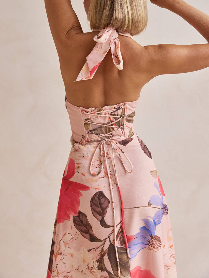 Duttini | Floral Print Halter Backless Tie-Up Dress