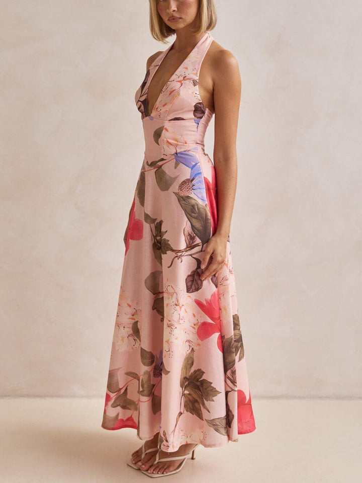 Duttini | Floral Print Halter Backless Tie-Up Dress