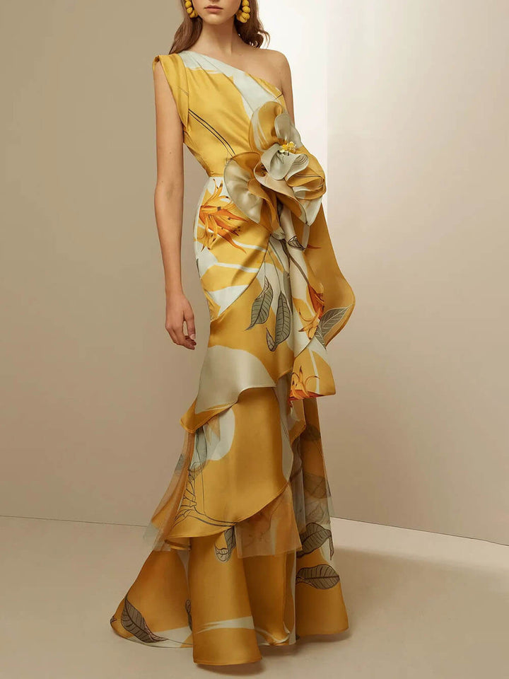 Duttini | Retro French High-Waisted Printed Off-Shoulder Dress