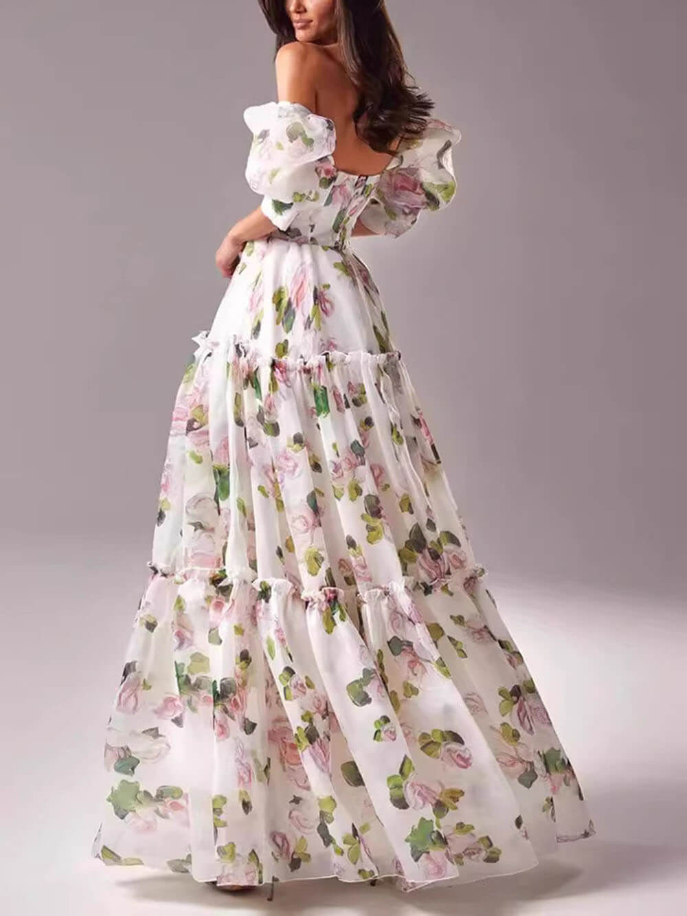 Duttini | Elegant Off-Shoulder Printed Organza Evening Gown