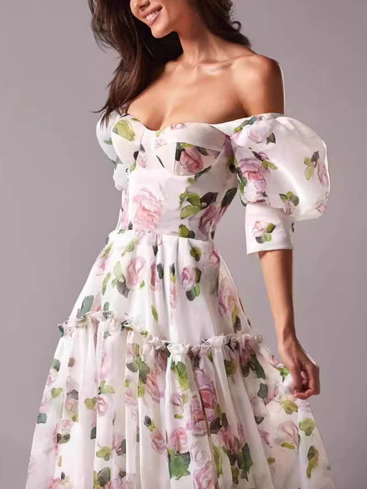 Duttini | Elegant Off-Shoulder Printed Organza Evening Gown