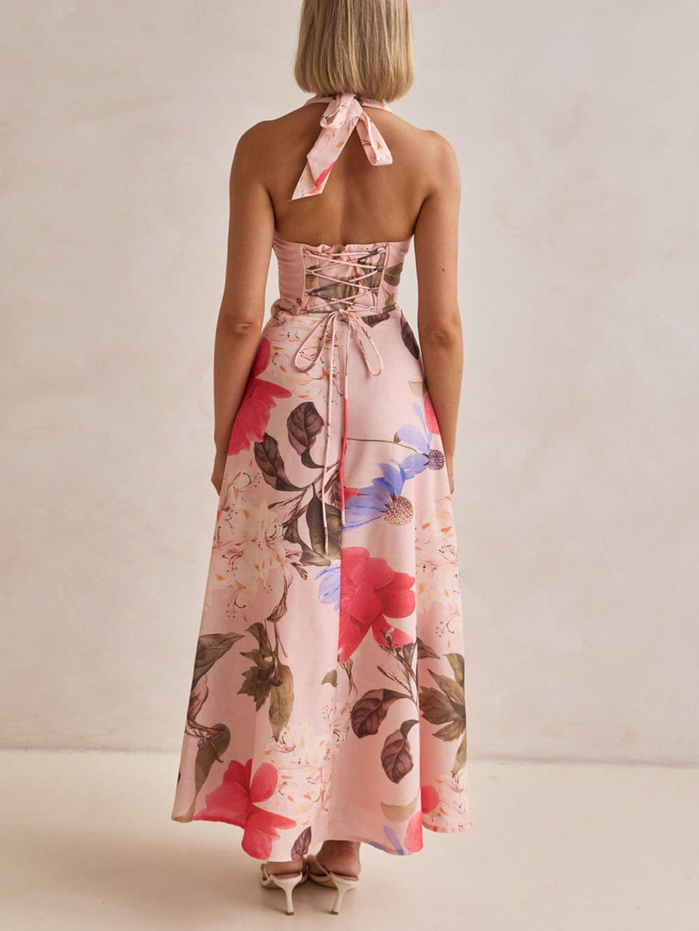 Duttini | Floral Print Halter Backless Tie-Up Dress