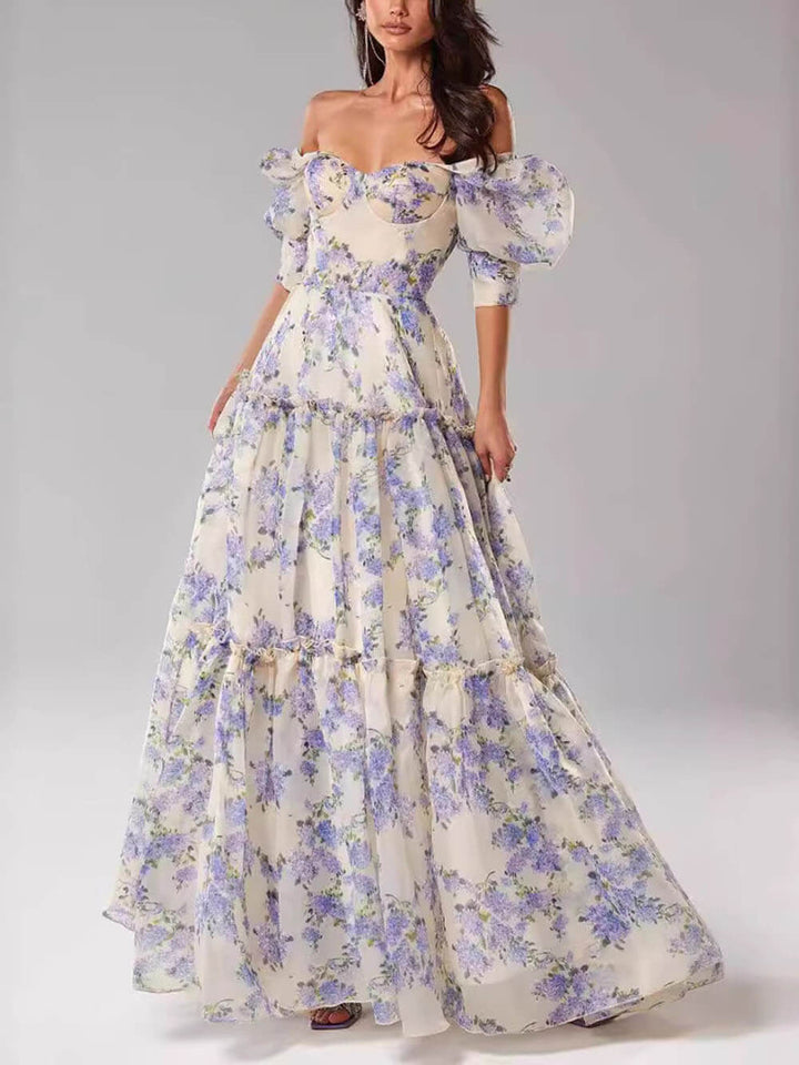 Duttini | Elegant Off-Shoulder Printed Organza Evening Gown