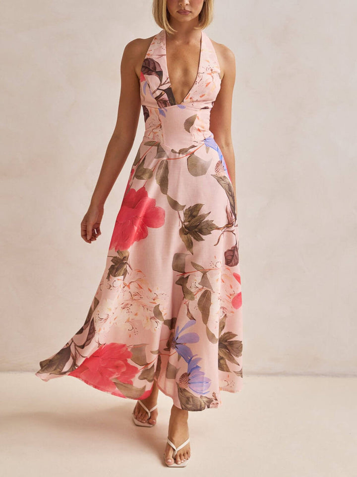 Duttini | Floral Print Halter Backless Tie-Up Dress