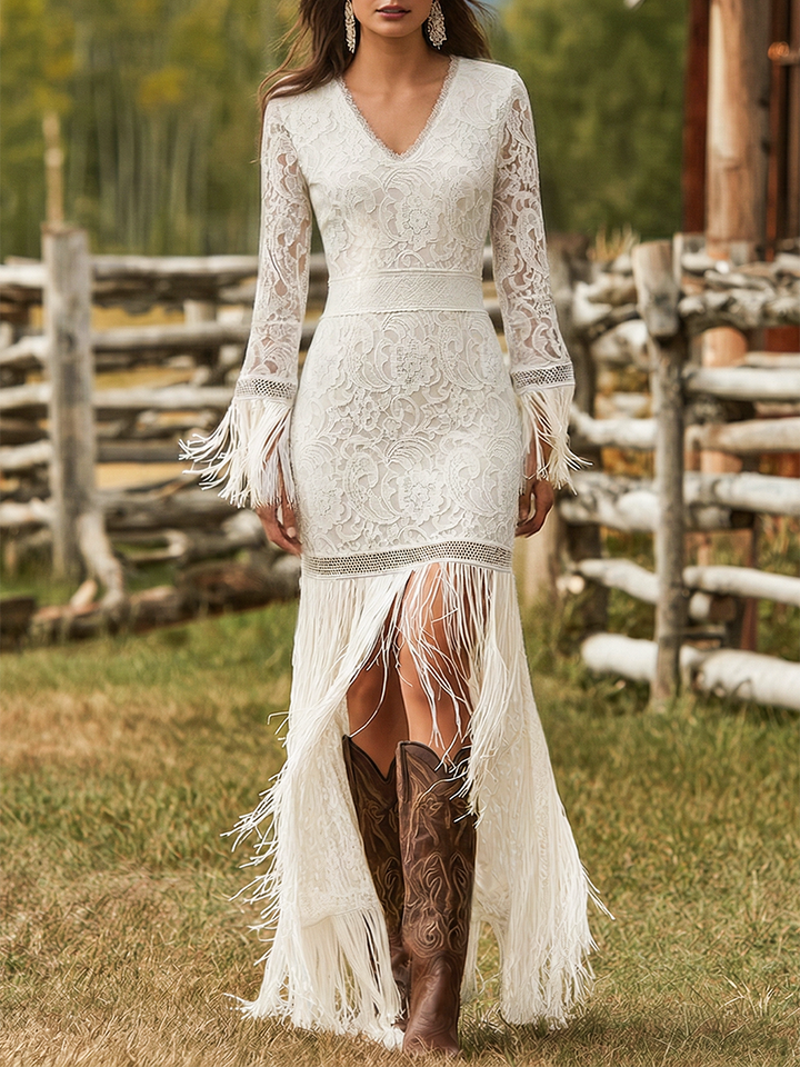 Duttini | White Lace V-Neck Evening Dress