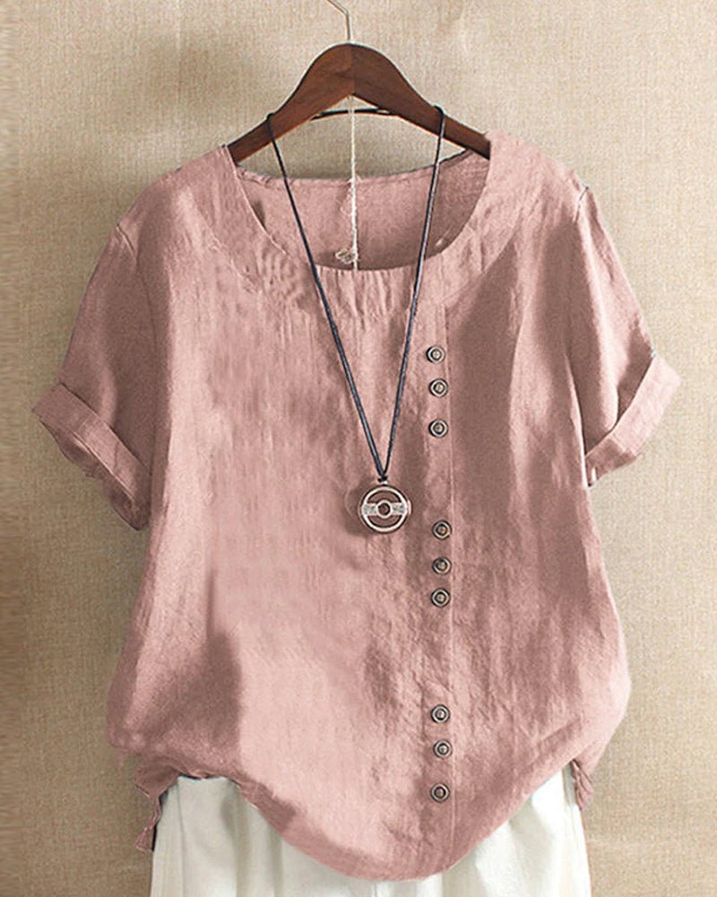 Duttini | Romantic Button Front Crew Neck Short Sleeve Casual Top