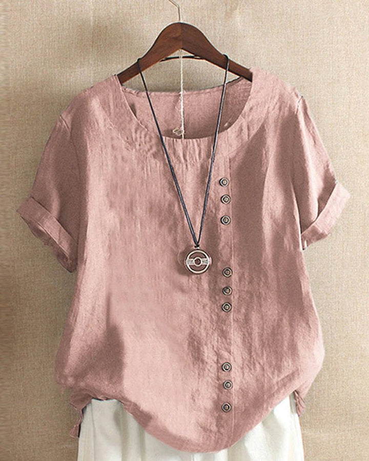 Duttini | Romantic Button Front Crew Neck Short Sleeve Casual Top