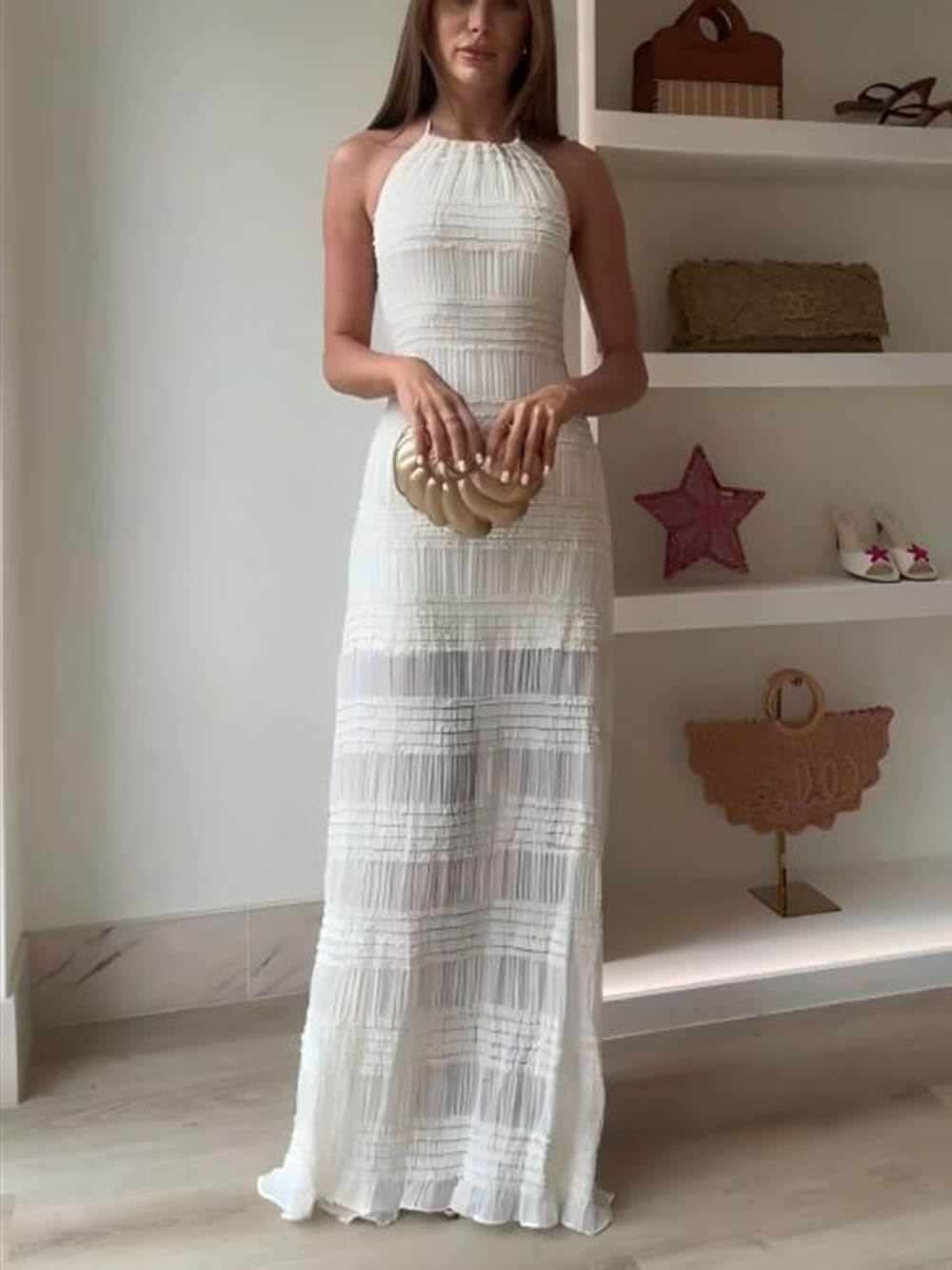 Duttini | Delicate Hollow Pleated Lace-Up Dress