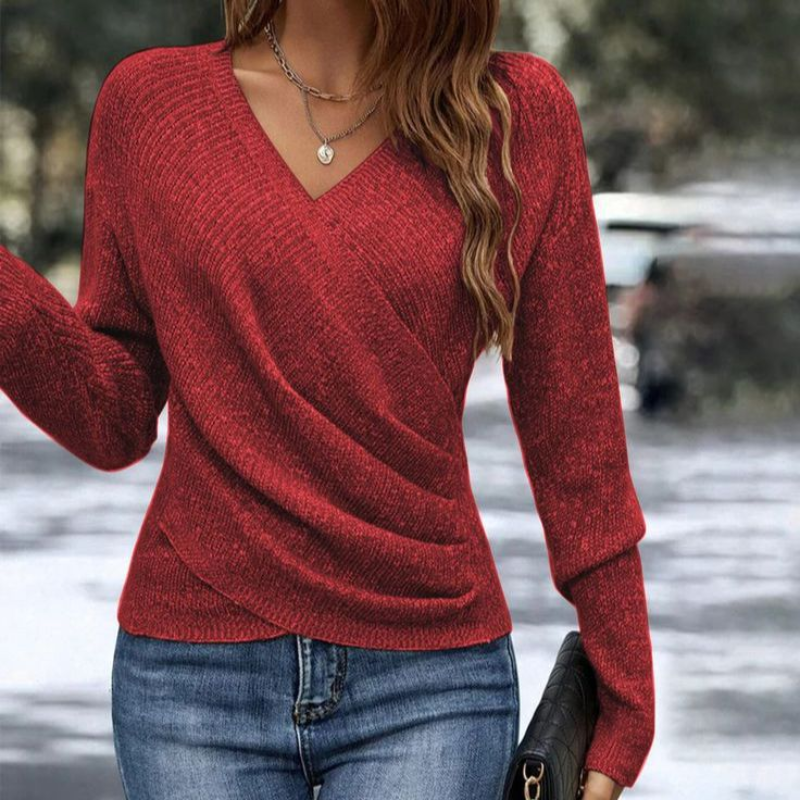 Duttini | Luxe V-Neck Wrap Front Long Sleeve Sweater for a Polished Look