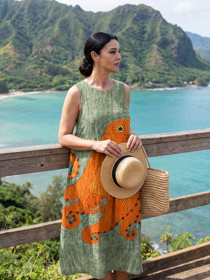 Duttini | Effortless Ocean Wave Midi Dress with Graceful Drape