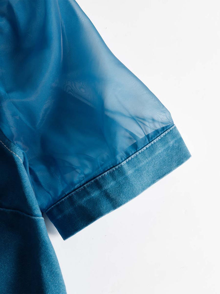 Duttini | V-Neck Short-Sleeved Organza Blue Denim Dress